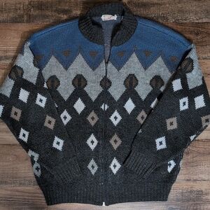 Lazarus Vintage 80's Wool Blend Geometric Full Zip Old Man Sweater Size Large